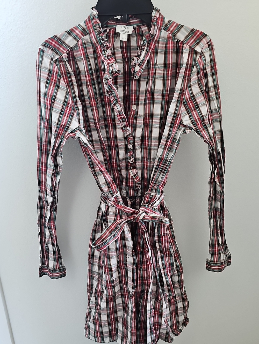J. Crew Red, Black and White Plaid Ruffle Shirt Dress